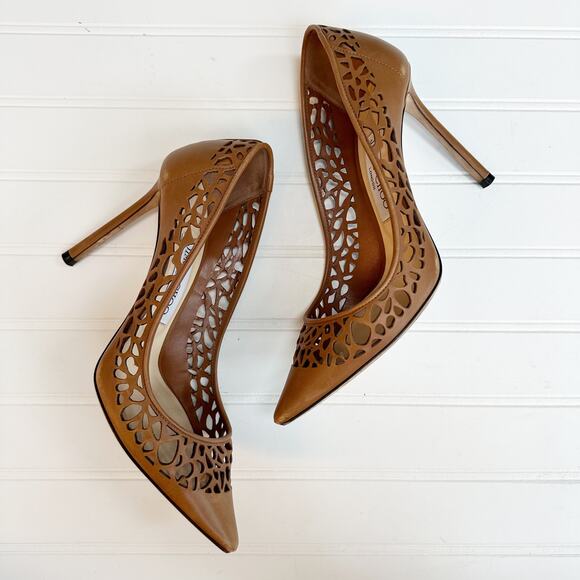Jimmy Choo Romy 100 Brown Laser Cut Leather Pumps Heels Perforated Canyon 37 - Picture 1 of 14